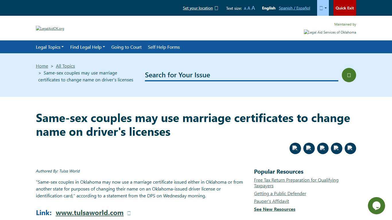 Same-sex couples may use marriage certificates to change name on driver's licenses Welcome to Legal Aid Services of Oklahoma's guide to free legal help in Oklahoma.